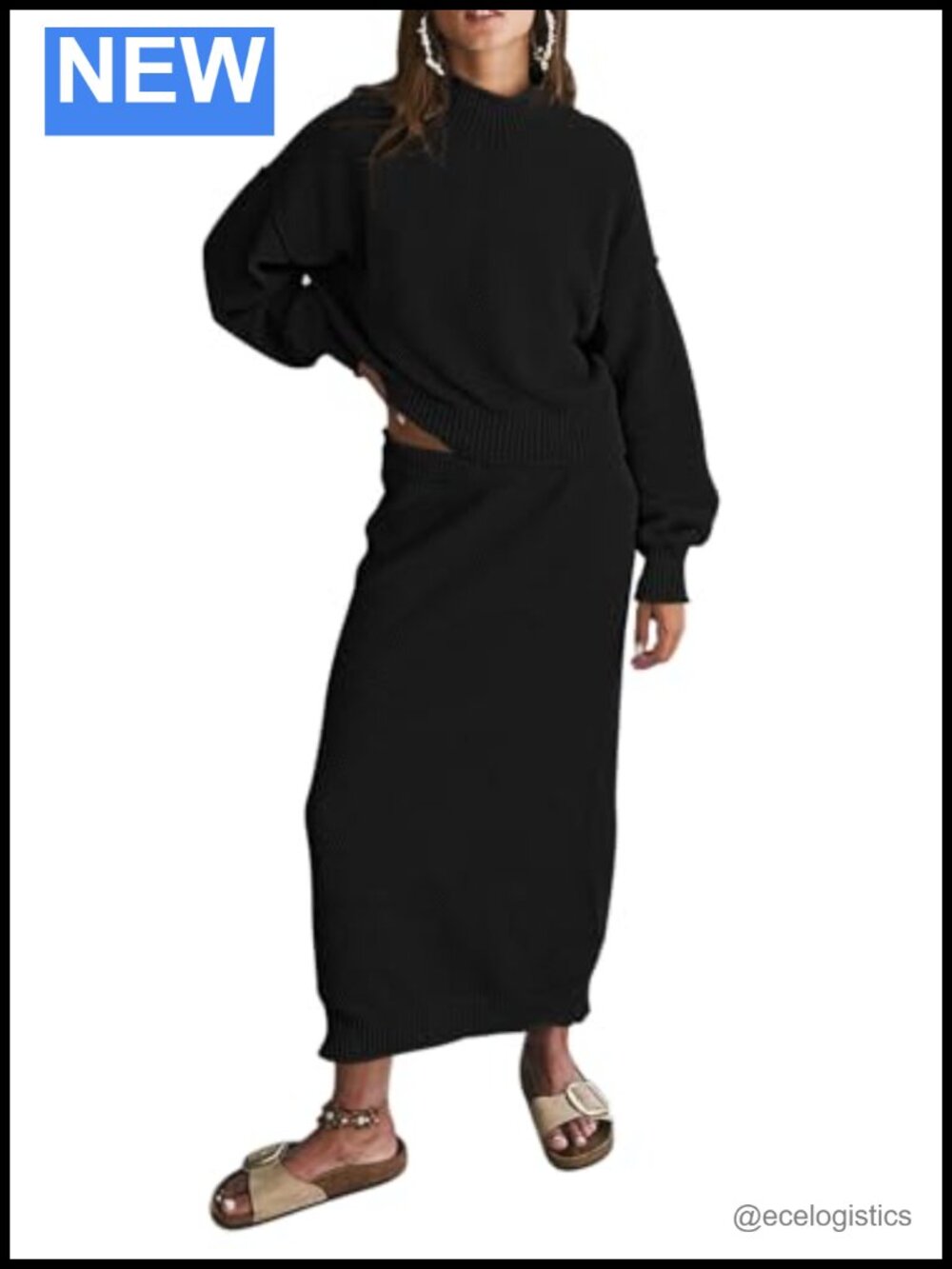 Women's 2-Piece Sweater Set Mock Neck Puff Sleeve Top & Bodycon Maxi Skirt Knit